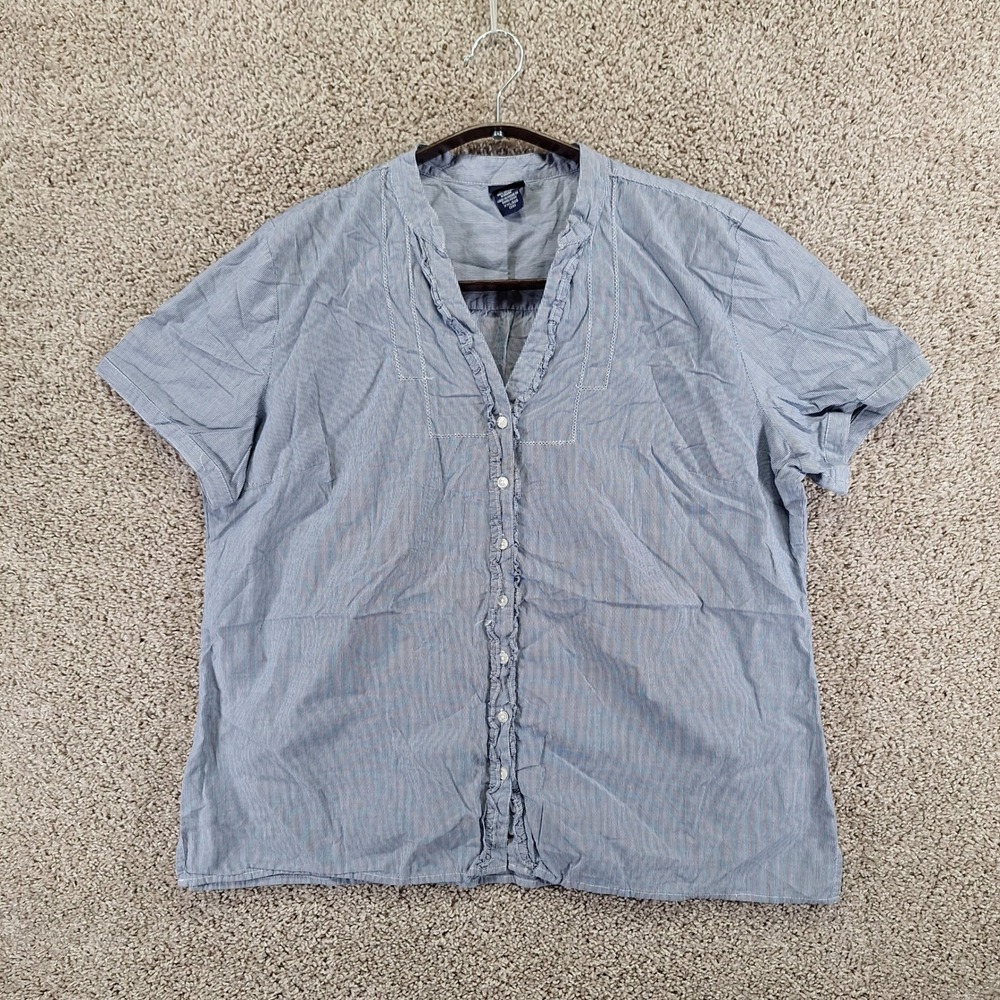Basic Editions Button Up Women XXL Blue Striped Ruffle Front Short Sleeve Casual